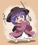  1girl barefoot black_headwear blush bowl bowl_hat hair_between_eyes hat holding holding_needle japanese_clothes kimono long_sleeves needle needle_sword open_mouth pink_kimono purple_eyes purple_hair rokugou_daisuke short_hair signature smile solo sukuna_shinmyoumaru touhou wide_sleeves 