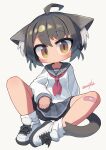  1girl animal_ear_fluff animal_ears artist_name bandaid bandaid_on_knee bandaid_on_leg bike_shorts bike_shorts_under_skirt black_hair black_sailor_collar black_shorts black_skirt blush breasts brown_eyes cat_ears cat_girl cat_tail closed_mouth commentary_request full_body grey_background highres long_sleeves looking_at_viewer miniskirt nanatsuta neckerchief original pleated_skirt red_neckerchief sailor_collar sailor_shirt shirt shoes short_hair short_shorts shorts shorts_under_skirt signature simple_background sitting skirt sleeves_past_wrists small_breasts sneakers socks solo spread_legs tail white_footwear white_shirt white_socks 