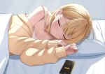  1girl ahoge blonde_hair camisole cellphone closed_eyes highres hololive hololive_dev_is jacket long_hair lying on_bed on_side otonose_kanade phone pillow roridaitouryou sleeping smartphone under_covers virtual_youtuber white_camisole yellow_jacket 