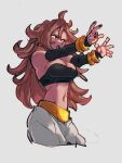  1girl android_21 black_nails breasts cleavage colored_skin dragon_ball dragon_ball_fighterz earrings fingernails grey_background hoop_earrings jewelry kemachiku large_breasts long_hair majin_android_21 midriff nail_polish navel open_mouth pink_skin red_hair simple_background solo 