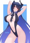  1girl armpits arms_up asymmetrical_horns black_hair blue_hair breasts closed_mouth colored_inner_hair demon_horns highleg hololive hololive_english horns jdpr large_breasts long_hair looking_at_viewer mole mole_under_eye multicolored_hair navel nerissa_ravencroft red_eyes smile solo swimsuit thighs two-tone_background two-tone_hair uneven_horns virtual_youtuber 
