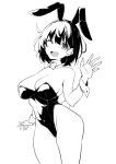  1girl ;d animal_ears bare_legs bare_shoulders blush breasts cleavage collarbone detached_collar fake_animal_ears fake_tail hand_up highres izumi_(kekemotsu) kekemotsu large_breasts leotard looking_at_viewer monochrome one_eye_closed open_mouth original playboy_bunny rabbit_ears rabbit_tail short_hair simple_background smile solo tail teeth thighs upper_teeth_only white_background 
