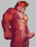  2017 abs anthro balls biceps brown_hair claws deltoids ezro_(sam_scribbles) fangs felid finger_claws fur genitals hair hi_res humanoid_genitalia humanoid_penis knuxlight looking_at_viewer machairodontine male mammal muscular_thighs nipples orange_body orange_fur pecs penis penis_grab sabertooth_(anatomy) solo standing teeth water wet wet_body wet_fur wet_hair 