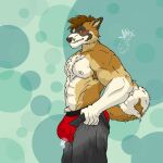  absurd_res akita american_akita anthro blush bodily_fluids body_hair bottomwear brown_body brown_fur canid canine canis chest_hair chest_tuft clothed clothing cum cum_drip cum_inside digital_media_(artwork) domestic_dog dripping embarrassed fluffy fur genital_fluids green_background green_body green_fur hair hi_res horn jinxed_arts male mammal musclegut muscular muscular_anthro muscular_male nipples pants pecs pubes red_clothing red_underwear simple_background solo spitz tail tail_curl tight_bottomwear tight_clothing tight_pants tight_pants_(meme) tuft underwear white_body white_fur 