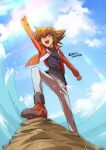  1boy :d arm_up black_shirt brown_eyes brown_hair clenched_hands cloud cloudy_sky duel_academy_uniform_(yu-gi-oh!_gx) jacket looking_up male_focus ochi_marco open_clothes open_jacket open_mouth pants red_jacket shirt short_hair sky smile solo teeth twitter_username water yu-gi-oh! yu-gi-oh!_gx yuuki_juudai 