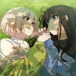  2girls black_hair black_shirt blonde_hair blue_cardigan bob_cut cardigan closed_mouth commentary dappled_sunlight eye_contact fafayu_0425 grass green_jacket highres holding_hands inoue_takina jacket long_hair long_sleeves looking_at_another lycoris_recoil lying multiple_girls nishikigi_chisato on_back puffy_sleeves purple_eyes red_eyes shadow shirt sidelocks smile sunlight sweater twitter_username upper_body white_sweater yuri 