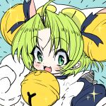  1girl ahoge animal_hands animal_hat bell blue_background blush cat_hat commentary_request dejiko di_gi_charat fang gedougawa gloves green_eyes green_hair hair_between_eyes hat jingle_bell looking_at_viewer medium_bangs neck_bell open_mouth parted_bangs paw_gloves short_hair smile solo sparkle upper_body white_gloves 