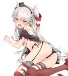  1girl amatsukaze_(kancolle) ass black_panties blush breasts brown_dress brown_eyes clenched_hands dress garter_straps gloves grey_hair hair_tubes hairband hat highres kantai_collection long_hair looking_at_viewer mini_hat open_mouth panties red_thighhighs sailor_dress sakana_(flame_sakana) short_dress single_glove small_breasts smokestack_hair_ornament solo striped striped_thighhighs sweat thighhighs torn_clothes two_side_up underwear white_background 