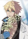  1boy aqua_eyes ark1478 bishounen blonde_hair blue_gloves blue_hair bouquet fingerless_gloves gloves guilty_gear guilty_gear_strive highres holding holding_bouquet ky_kiske looking_at_viewer male_focus open_mouth short_hair simple_background smile 