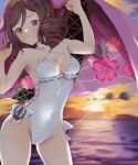  1girl bow breasts brown_hair casual_one-piece_swimsuit commission commissioner_upload cosplay cowboy_shot drill_hair flower frilled_one-piece_swimsuit frills hair_bow hair_flower hair_ornament hairband harukaze_(kancolle) highleg highleg_swimsuit highres kantai_collection looking_at_viewer medium_breasts medium_hair mountainous_horizon niwa_(niwa71065) ocean one-piece_swimsuit parted_lips red_bow red_eyes sagiri_(kancolle) sagiri_(kancolle)_(cosplay) second-party_source side-tie_swimsuit solo sunset swimsuit towel twin_drills white_one-piece_swimsuit 