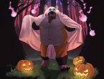  2023 absurd_res anthro belly big_belly canid canine detailed_background fox ghost_costume halloween_costume hi_res jack-o&#039;-lantern male mammal moobs outside overweight overweight_male plant sato_afroleone solo tree 