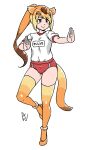  1girl acesrulez alternate_costume animal_ears blush brown_eyes brown_hair buruma circlet flats golden_snub-nosed_monkey_(kemono_friends) gradient_legwear gym_shirt kemono_friends long_hair monkey_ears monkey_girl monkey_tail multicolored_hair orange_footwear orange_hair orange_thighhighs ponytail red_buruma shirt sidelocks smile solo standing standing_on_one_leg t-shirt tail thighhighs translation_request white_shirt yellow_eyes zettai_ryouiki 