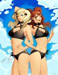  2girls bikini blonde_hair blue_eyes brown_hair eightyfourart houndstooth kujikawa_rise multiple_girls persona persona_4 persona_5 side-tie_bikini_bottom swimsuit takamaki_anne 