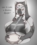  2023 anthro big_breasts biped bovid breasts cross dialogue english_text female greyscale hair hi_res horn huge_breasts hybrid inverted_cross mammal monochrome niis niis_(character) nipple_outline nun smile solo text 
