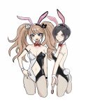  2girls :d alternate_costume bear_hair_ornament black_hair black_leotard blonde_hair bow bowtie breasts cleavage clothing_cutout cropped_legs danganronpa:_trigger_happy_havoc danganronpa_(series) detached_collar enoshima_junko fishnet_pantyhose fishnets hair_ornament hand_on_own_hip highres holding ikusaba_mukuro koya-san large_breasts leotard long_hair looking_at_another multiple_girls nail_polish navel official_alternate_costume pantyhose playboy_bunny poker_chip red_bow red_bowtie short_hair siblings sisters small_breasts smile stomach_cutout teeth twintails upper_teeth_only white_leotard 