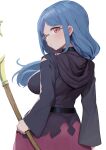  1girl blue_hair breasts broom domdom glasses holding holding_broom hooded_robe large_breasts little_witch_academia long_hair red_eyes robe solo ursula_charistes 