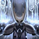  2019 abstract_background ambiguous_gender animal_humanoid armor arthropod arthropod_humanoid ashenhare black_eyes bright bust_portrait digital_media_(artwork) digital_painting_(artwork) empty_eyes front_view glowing_runes gorget hi_res hollow_knight_(character) horn humanoid insect insect_humanoid male_(lore) portrait shaded solo spaulder vessel_(species) white_cape white_glow 