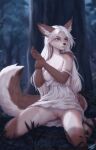 2023 anthro areola blue_eyes breasts canid canine clothed clothing dress exposed_breasts female forest forest_background fox freckles genitals hair heterochromia hi_res inner_ear_fluff long_hair long_tail looking_aside losse_(personalami) mammal nature nature_background nipples no_underwear on_ground personalami plant pussy sitting solo tail torn_clothing tree tuft white_hair yellow_eyes 