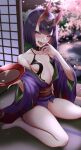  1girl alcohol bare_shoulders barefoot bob_cut breasts collarbone cup eyeliner fate/grand_order fate_(series) headpiece highres horns ichi_kq japanese_clothes kimono long_sleeves looking_at_viewer makeup obi off_shoulder oni oni_horns open_mouth purple_eyes purple_hair purple_kimono revealing_clothes sakazuki sake sash short_hair short_kimono shuten_douji_(fate) skin-covered_horns small_breasts smile solo tongue tongue_out wide_sleeves 