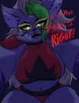  2023 absurd_res anthro arm_warmers armor armwear big_breasts black_nose bottomwear breasts canid canine canis cheek_tuft clothing dialogue edworld english_text eye_through_hair eyebrow_through_hair eyebrows eyelashes facial_tuft fangs female first_person_view five_nights_at_freddy&#039;s five_nights_at_freddy&#039;s:_security_breach fur glowing glowing_eyes green_highlights grey_body grey_fur grey_hair hair hi_res highlights_(coloring) hotpants lipstick long_hair looking_at_viewer low-angle_view makeup mammal midriff navel open_mouth open_smile pauldron roxanne_wolf_(fnaf) scottgames sharp_teeth shirt shorts smile solo steel_wool_studios tank_top teeth text thick_thighs topwear translucent translucent_hair tuft wide_hips wolf yellow_eyes 