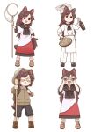  1girl alternate_costume animal_ears binoculars bottle brown_eyes brown_footwear brown_hair butterfly_net chef_hat commentary_request cook dress food full_body hand_net hat imaizumi_kagerou long_hair multiple_views pasta poronegi red_dress simple_background socks tail touhou two-tone_dress white_background white_dress white_socks wolf_ears wolf_girl wolf_tail 