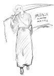  1boy artist_name bleach collarbone copyright_name dated full_body hakama hand_in_pocket hatching_(texture) highres holding holding_sword holding_weapon japanese_clothes kurosaki_ichigo light_smile long_sleeves looking_to_the_side male_focus monochrome obi over_shoulder rlawnsgr7 sandals sash shihakusho shinigami signature sketch smile sword weapon weapon_over_shoulder white_background wide_sleeves zangetsu_(shikai) 