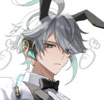  ahoge alhaitham_(genshin_impact) alternate_costume animal_ears antenna_hair aqua_hair asymmetrical_sidelocks black_bow black_bowtie bow bowtie cable carrot closed_mouth collared_shirt colored_inner_hair cropped eyes_visible_through_hair fake_animal_ears genshin_impact green_eyes grey_hair hair_between_eyes hair_over_one_eye headphones looking_down matohuku1210 messy_hair multicolored_eyes multicolored_hair parted_bangs portrait rabbit_ears shirt short_hair sidelocks simple_background streaked_hair swept_bangs two-tone_background two-tone_hair undercut white_background white_shirt 