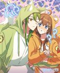  1boy 1girl ahoge animal_hood bbunny blue_eyes blush brown_hair drawstring fox_hood fox_tail green_hair green_hoodie hair_ornament hairclip hetero hod_(project_moon) hood hood_up hoodie hug lobotomy_corporation logo long_hair long_sleeves looking_at_another netzach_(project_moon) one_eye_closed open_mouth orange_hoodie project_moon squirrel_hood squirrel_tail sweat tail very_long_hair yellow_eyes 