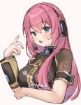  1girl aqua_eyes arm_under_breasts black_vest blush breasts commentary cropped_torso detached_sleeves hair_between_eyes hair_over_shoulder hand_up headphones headset high_collar highres large_breasts long_hair looking_at_viewer megurine_luka microphone number_tattoo open_mouth pink_hair pink_nails see-through see-through_shirt short_sleeves shoulder_tattoo simple_background single_detached_sleeve solo tananuki tattoo teeth twitter_username upper_body upper_teeth_only vest vocaloid 
