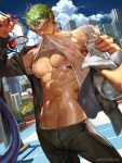  1boy abs bare_pectorals black_jacket black_pants bottle cloud day green_hair holding holding_bottle jacket male_focus navel nipples one_piece open_clothes open_jacket outdoors pants pectorals roronoa_zoro runa_(nori31291404) scar scar_on_chest shirt short_hair sky solo_focus towel water_bottle wet wet_clothes wet_hair white_shirt 