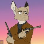  1:1 anthro black_nose brown_pawpads canid canine clothed clothing dipstick_ears fennec fox foxenawolf fur gradient_background grey_eyes gun handgun male mammal multicolored_ears pawpads ranged_weapon revolver simple_background solo sunset tan_body tan_fur weapon 