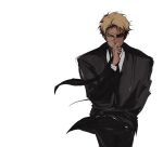  1boy black_necktie black_suit blonde_hair blue_shirt blush brown_eyes clenched_hand collared_shirt covering_mouth cowboy_shot eyepatch hand_over_own_mouth highres inoji_73 jujutsu_kaisen long_sleeves looking_at_viewer male_focus nanami_kento necktie shirt simple_background solo standing suit white_background 