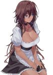  1girl apron black_choker black_dress blue_eyes breasts brown_hair choker cleavage closed_mouth dress english_commentary frilled_apron frilled_dress frills highres large_breasts maid maid_apron original puffy_sleeves short_sleeves solo twitter_username vermilli000n waist_apron white_apron 