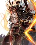  1girl armor blood blood_on_face breastplate brown_hair chinese_armor commentary dragon_horns dragon_print fire fur_trim gold_trim hair_bun horns library_of_ruina lobpoint_72 long_hair open_mouth project_moon red_armor red_eyes scales solo tears upper_body very_long_hair xiao_(library_of_ruina) 