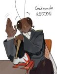  absurd_res antennae_(anatomy) anthro arthropod axe blattodea blood bodily_fluids bottomwear brown_body chair clothed clothing cockroach furniture hi_res humanoid_hands insect insect_wings kogito male mandibles pants shirt sitting solo suit table topwear wings 