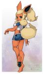  2023 5_fingers anthro barefoot blonde_hair blue_eyes bottomwear clothed clothing coffeechicken eeveelution feet female fingers flareon generation_1_pokemon hair hi_res looking_at_viewer looking_back looking_back_at_viewer midriff nintendo open_mouth pawpads pokemon pokemon_(species) ponytail shirt shorts solo tail topwear 