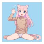  1girl :d animal_ears bare_legs blue_background blue_eyes brown_sweater cat_ears cat_girl cat_tail claw_pose dot_nose fang full_body grey_panties hair_between_eyes hand_up highres long_hair long_sleeves looking_at_viewer no_pants open_mouth original panties pink_hair saiste simple_background sitting skin_fang smile solo sweater tail underwear wariza 