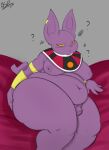  alien anthro aspirantpill balls belly champa domestic_cat dragon_ball dragon_ball_super felid feline felis flaccid genitals hi_res male mammal moobs mostly_nude navel nipples overweight penis purple_body solo yellow_eyes 