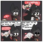  4_panel_comic absurd_res anthro band-aid band-aid_on_face band-aid_on_nose bandage bat black_body black_fur cape cheek_tuft chest_tuft clenched_teeth clothing dialogue dot_eyes duo ears_down english_text facial_tuft fur gradient_background grey_body grey_fur half-closed_eyes hi_res humor lagomorph leporid long_fangs male mammal microbat narrowed_eyes nick_(the_xing1) open_mouth phyllostomid pivoted_ears rabbit shirt shoulder_tuft simple_background speech_bubble tank_top teeth text topwear tuft vampire_bat wide_eyed xing1 yangochiropteran yellow_sclera 