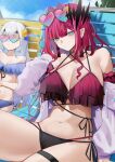  2girls absurdres baobhan_sith_(fate) bare_shoulders bikini blue_bikini breasts cleavage collarbone fate/grand_order fate_(series) grey_eyes heart heart-shaped_eyewear highres large_breasts long_hair looking_at_viewer melusine_(fate) multiple_girls navel pink_hair pointy_ears red_bikini san_(harutuki_3) sidelocks small_breasts sunglasses swimsuit thighs white_hair 