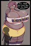  anthro barbara_(behniis) bear behniis big_breasts blep bottomwear breasts clothing duo ear_piercing english_text erection female footwear genitals grey_body hair hair_over_eye half-closed_eyes hi_res huge_breasts human larger_anthro larger_female male male/female mammal midriff narrowed_eyes one_eye_obstructed penis piercing purple_hair shirt size_difference skirt slightly_chubby smaller_human smaller_male socks speech_bubble text tongue tongue_out topwear 