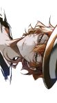  1boy black_headwear blue_eyes bungou_stray_dogs closed_mouth dappled_sunlight hair_between_eyes highres looking_at_viewer mafia male_focus nakahara_chuuya orange_hair portrait short_hair simple_background smile solo sunlight white_background ya_ta 