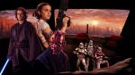  1girl 5boys anakin_skywalker bald black_sleeves brandonsbrain clone_trooper closed_mouth darth_maul dawn english_commentary fortnite helmet holding holding_lightsaber holding_weapon kneeling looking_at_viewer multiple_boys official_art padme_amidala pointing shirt short_hair soldier standing star_wars star_wars:_attack_of_the_clones star_wars:_revenge_of_the_sith star_wars:_the_phantom_menace upper_body weapon white_shirt 