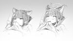  ... 1boy 1girl anger_vein animal_ears blue_archive bulge cat_ears commentary_request erection erection_under_clothes greyscale hair_ornament hairclip half-closed_eyes halo heart hetero highres kazusa_(blue_archive) lower_teeth_only monochrome negiuma open_mouth sketch smelling smelling_penis speech_bubble spoken_ellipsis teeth wide-eyed 