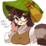  1girl animal_ears apron bangs brown_apron brown_eyes brown_hair collared_shirt cropped_torso fang futatsuiwa_mamizou glasses leaf leaf_on_head long_sleeves looking_at_viewer open_mouth raccoon_ears raccoon_girl raccoon_tail shirt short_hair simple_background solo tail touhou uisu_(noguchipint) upper_body white_background white_shirt 