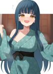  1girl :d aqua_kimono binsen blue_eyes blunt_bangs blurry blurry_background blush breasts brown_eyes bubble collarbone floral_print hair_down highres idolmaster idolmaster_million_live! idolmaster_million_live!_theater_days japanese_clothes kimono kitakami_reika large_breasts letterboxed long_hair open_mouth sidelocks signature smile solo steam straight_hair upper_body 