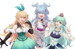  3girls :d ;o aqua_eyes aqua_ribbon bike_shorts black_gloves blonde_hair blue_hair blue_wings breasts brown_eyes butterfly_hair_ornament clothing_cutout crown detached_sleeves dress earpiece elbow_gloves elira_pendora elira_pendora_(1st_costume) fangs finana_ryugu finana_ryugu_(1st_costume) fins fish_girl flower frilled_sailor_collar frills gloves green_dress green_hair green_skirt grey_gloves grey_overalls hair_flower hair_ornament hair_over_one_eye hair_ribbon hand_up head_fins head_wings high-waist_skirt highres holding holding_instrument holding_microphone index_finger_raised instrument key keychain lazulight long_hair looking_at_viewer microphone multicolored_eyes multicolored_hair multiple_girls music navel navel_cutout neck_tattoo nijisanji nijisanji_en nineone_o off_shoulder one_eye_closed one_eye_covered open_mouth overall_shorts overalls pointy_ears pomu_rainpuff pomu_rainpuff_(1st_costume) puffy_sleeves purple_eyes purple_flower red_eyes ribbon round_teeth sailor_collar shirt showgirl_skirt simple_background singing single_glove skirt small_breasts smile spread_fingers sweater tattoo teeth tongue upper_teeth_only virtual_youtuber white_background white_hair white_shirt white_sweater wings wrist_cuffs x_hair_ornament 