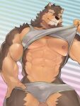  abs anthro barazoku brown_body brown_fur bulge canid canine canis clothed clothing clothing_lift domestic_dog fur lifewonders live_a_hero male mammal muscular muscular_anthro muscular_male navel nipples pecs pubraseer salz_sop shirt shirt_lift solo tank_top topwear underwear 