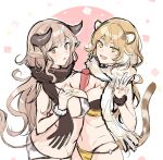  2girls :d animal_ears animal_print between_breasts bikini black_scarf breast_press breasts brown_eyes brown_hair chestnut_mouth chinese_zodiac cleavage cow_ears cow_horns cow_print e_(eokiba) horns large_breasts multiple_girls new_year o-ring o-ring_bikini original print_bikini scarf scrunchie sketch smile sweatdrop swimsuit symmetrical_docking tail tiger_ears tiger_print tiger_tail white_scarf wrist_scrunchie year_of_the_ox year_of_the_tiger yellow_eyes 
