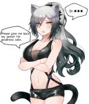  1girl animal_ears arknights bangs bare_arms bare_shoulders basashisenjumin black_shorts breasts cat_ears cat_tail cleavage cowboy_shot crop_top crossed_arms english_commentary english_text grey_hair large_breasts long_hair looking_at_viewer midriff navel parted_lips ponytail schwarz_(arknights) short_shorts shorts simple_background sleeveless solo speech_bubble standing stomach tail very_long_hair white_background yellow_eyes 